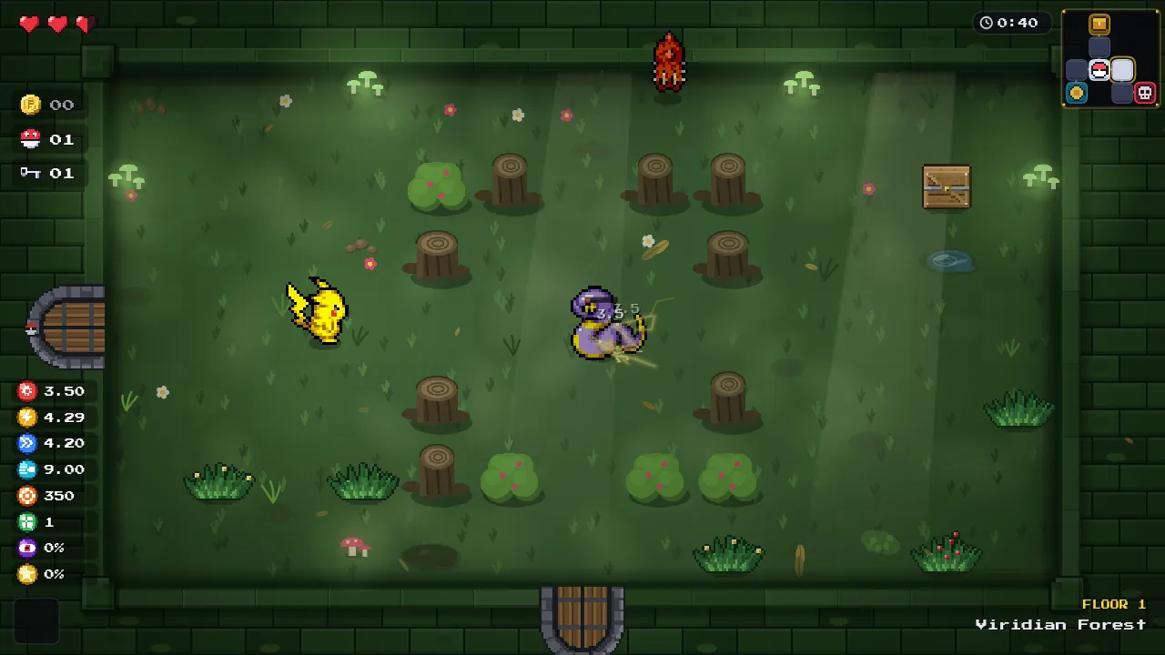 Pikachu's electric shots hitting Arbok in a PokéIsaac combat room, with damage numbers