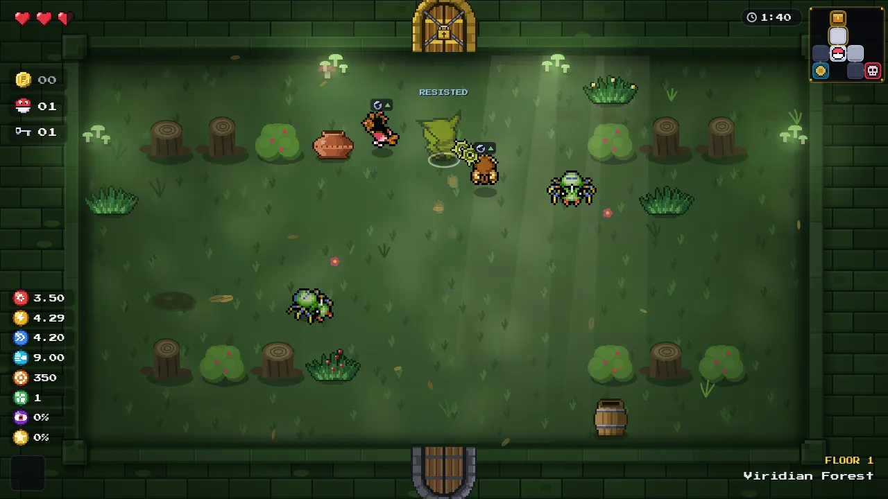 A PokéIsaac combat room on floor 1, Viridian Forest: Pikachu fights Spinarak and Spearow, with Resisted marks over enemies