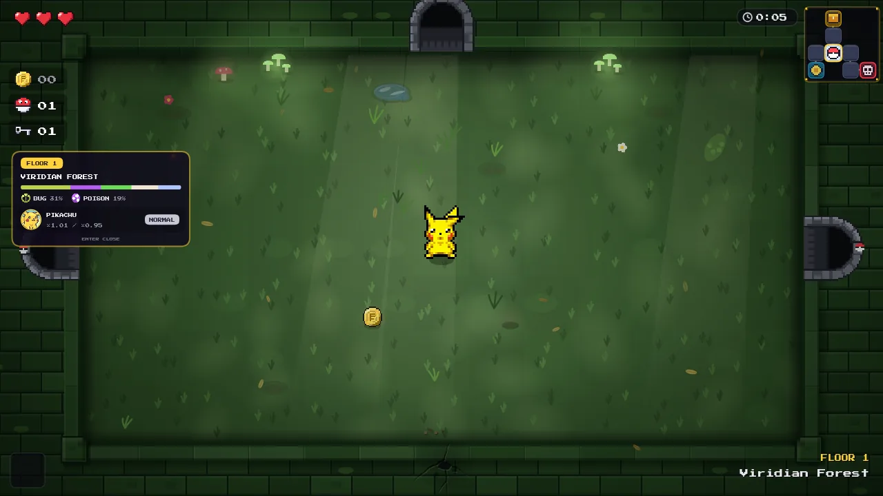 PokéIsaac floor 1 card: Viridian Forest, Bug 31 % and Poison 19 %, Pikachu ×1.01 attack and ×0.95 defense