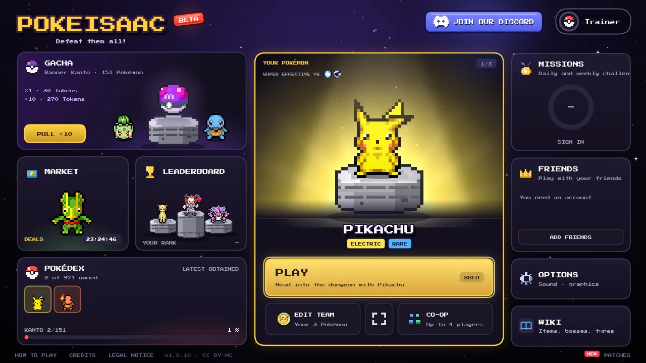 PokéIsaac main menu: Gacha, Market, Leaderboard, Pokédex, your Pokémon (Pikachu) with Play, Edit team and Co-op, Missions, Friends, Options and Wiki
